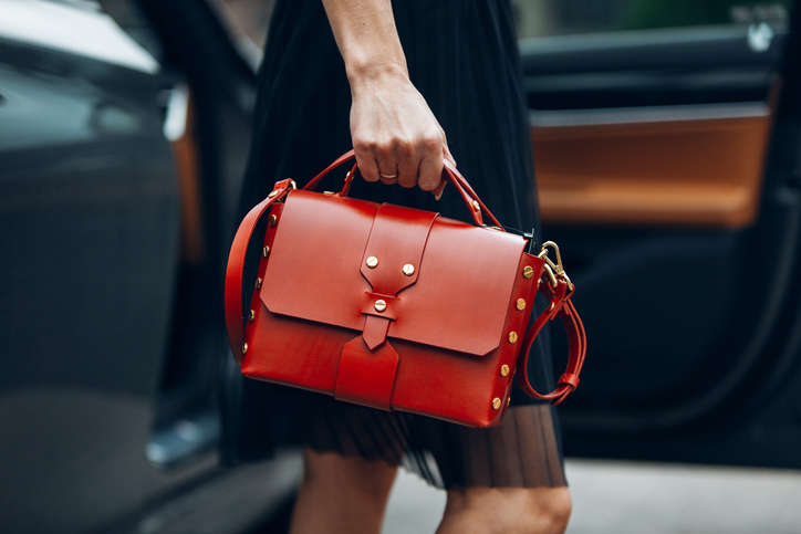 A woman in a dress holding a luxury purse