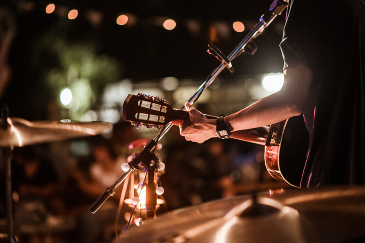 A photo of a singer playing a guitar from back facing the crowd