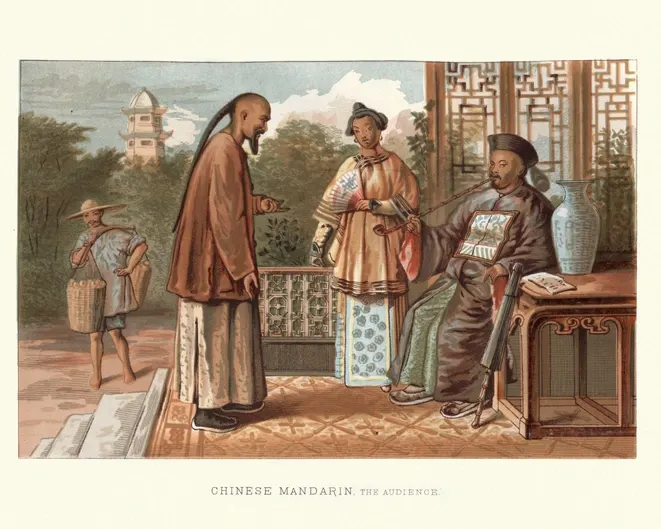 An old painting of China where a man goes to the center of town to trader with a wealthier person.