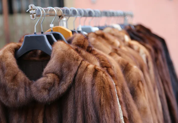A close up shot of 10 plus fur coats on a rack.