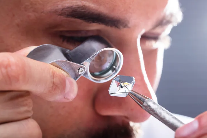 A man is inspecting a diamond with a magnifying eyeglass.