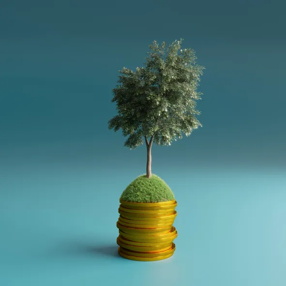 A tree with a mound of grass is sitting on top of a stack of gold coins
