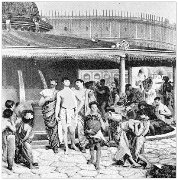 A black and white drawing of a lively Roman city center.
