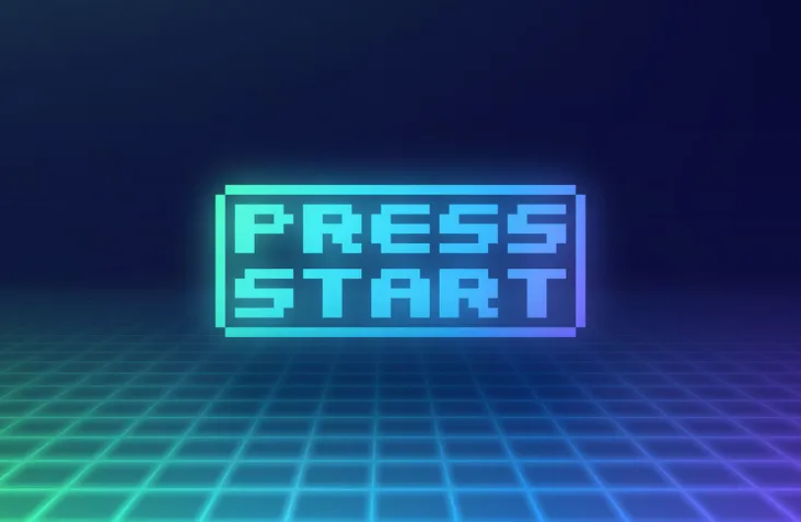 A blue and green graphic with the words “press start” with a grid below it.