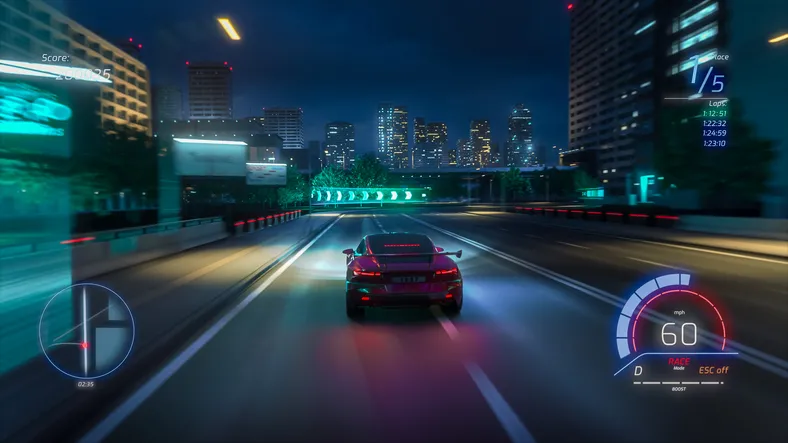 A scene from a car racing video game, with a car driving on a city street at night.