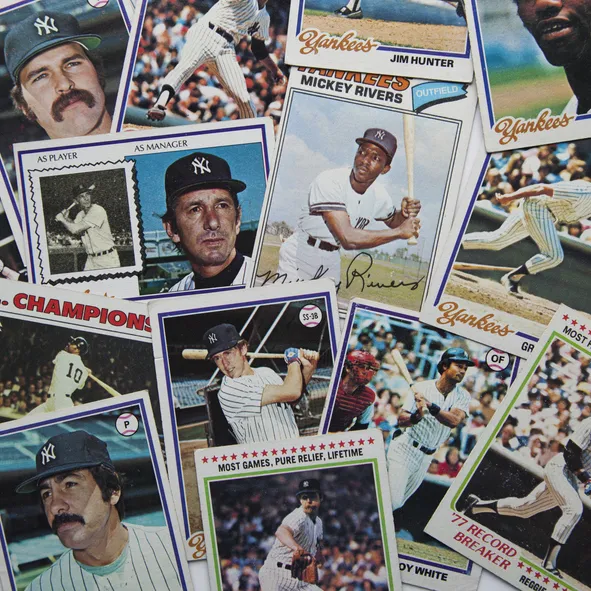 A collection of sports memorabilia, particularly baseball cards.